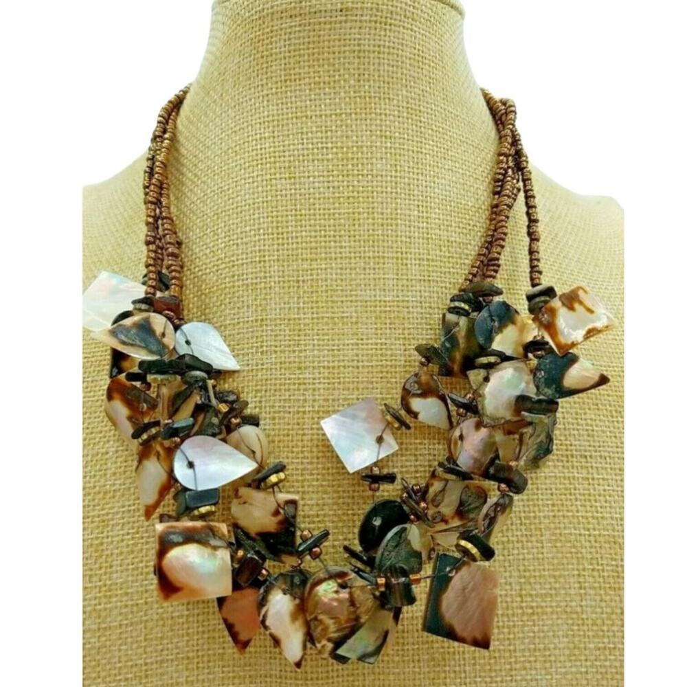 Statement Vintage Boho Fall Necklace Mother-of-Pearl Shell Multi-Strand Ivory 18